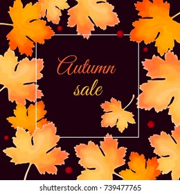 Background with orange, yellow falling autumn leaves. Vector  illustration. Autumn design. Templates for placards, banners, flyers, presentations, reports, posters.