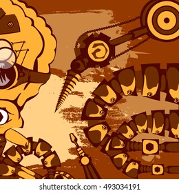 Background orange yellow steam punk octopus drawing, with the tentacles of pipes and drills and screwdrivers. Vector illustration