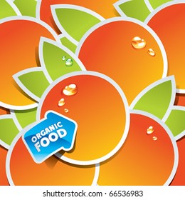 Background from oranges with an arrow by organic food. Vector illustration.