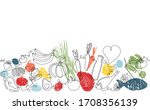 Background with Organic Food. Pattern with Vegetables, fruits, meat and seafood. Continuous drawing style. Vector illustration.