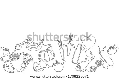 Background with Organic Food.  Pattern with vegetables, fruits, milk, meat and fish. Continuous drawing style. Vector illustration.