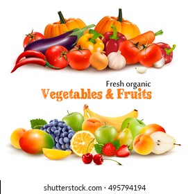Background With Organic Fresh Vegetables. and Fruits Healthy Food. Vector illustration