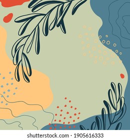 Background with organic shapes, leaves, branch and plants. Modern trendy vector graphic, template, greeting card, frame. Abstract natural elements in trendy doodle style for business, holiday. 