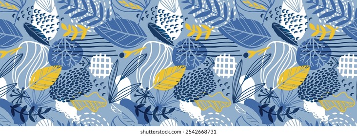 Background with organic shapes, leaves, branch and plants. Abstract natural elements in trendy doodle style for business, holiday. Modern trendy vector graphic, template, greeting card, frame.
