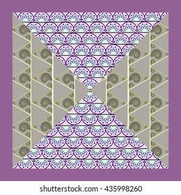 the background oriental motive with golden spirals and green and grey triangles