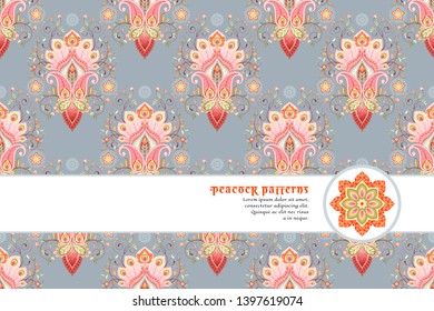 Background with oriental paisley pattern and peacock feather elements. Greeting card or invitation