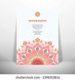 Background with oriental round paisley pattern and peacock feather elements. Greeting card or invitation