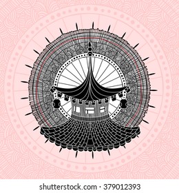 Background in oriental style with japanese house open umbrella and decorated texture on back. 