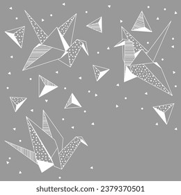Background with origami cranes. Paper symbolic decorative objects.
