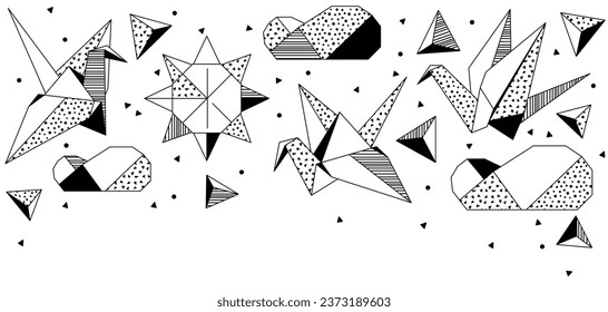 Background with origami figures. Paper symbolic decorative objects.