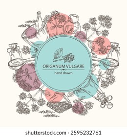 Background with origanum vulgare: origanum vulgare leaves, flowers and plant. Oregano. Oil, soap and bath salt . Cosmetics and medical plant. Vector hand drawn illustration