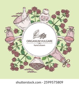 Background with origanum vulgare: origanum vulgare leaves, flowers and plant. Oregano. Oil, soap and bath salt . Cosmetics and medical plant. Vector hand drawn illustration