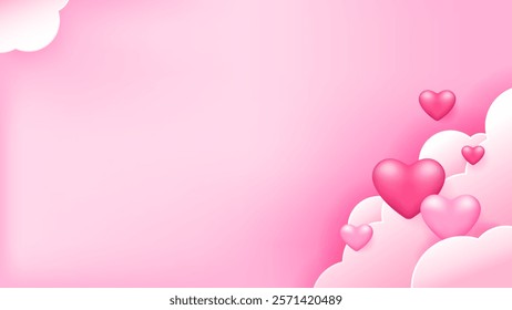 background with ornament or decoration of hearts and clouds. happy valentine's day celebration. event, festival, celebration. banner, pink background. 3d style design elements