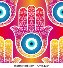 Background with ornate  hamsa, obereg against the evil eye and spoilage. Seamless pattern. Arabic and Jewish amulet. Mystic, occult concept.  Astrology, esoteric, religion.  Vector illustration.