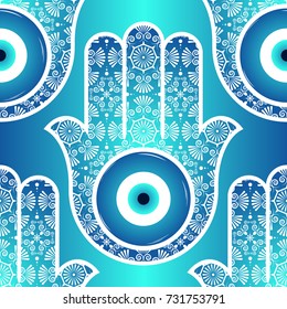 Background with ornate  hamsa, obereg against the evil eye and spoilage. Seamless pattern. Arabic and Jewish amulet. Mystic, occult concept.  Astrology, esoteric, religion.  Vector illustration.