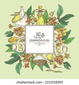 Background with osmanthus: osmanthus plant, leaves, osmanthus flowers, bath salt, soap and beauty products. Cosmetic, perfumery and medical plant. Vector hand drawn illust