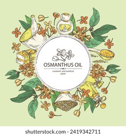 Hintergrund mit Osmanthus: Osmanthus-Pflanze, Blätter, Osmanthus-Blumen, Badesalz, Seife und Kosmetikprodukte. Kosmetik, Parfüm und medizinische Anlagen. handgezeichnete Vektorkröte