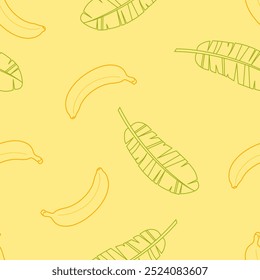 Background with outline bananas and palm leaves. Tropical fruits seamless pattern.