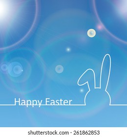 Background with outline bunny ears and blue sky. Happy Easter greeting card, vector illustration