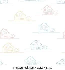 Background with outline houses. Cottages vector seamless pattern. 