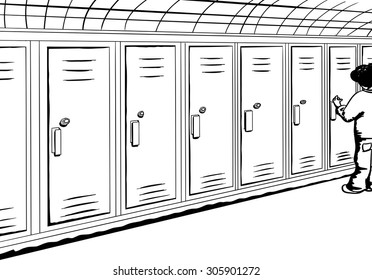 Background outline of lockers with student opening one