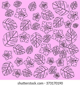 Background outline vector 
 of Hibiscus flowers And Leaves