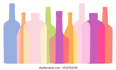 Background with outlines contours of bottles. Poster for Wine festival with Silhouettes. Background for menu covers. Cocktail Party banner. Vintage color. Vector overlapping shapes