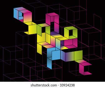 Background, background outlines and foreground fills are all on separate layers. Simple gradients are used for color.