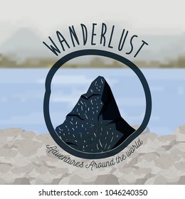 background outside forest scenary with lake and wanderlust logo rocks