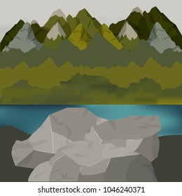 background outside forest scenary with lake and rocks