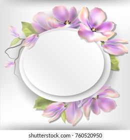 Background with oval banner and pink magnolias. Vector illustration.