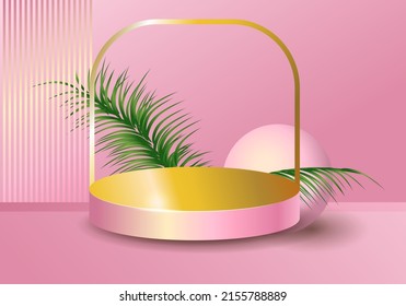 Background of an oval podium with a golden arch and palm leaves. Summer background vector 3d rendering with podium. stand for the demonstration of cosmetic products. 