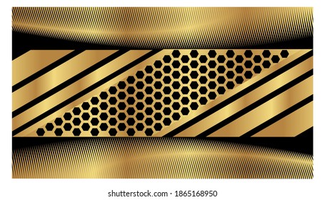 background overlap. Abstract tech geometric glowing gold and black color. Shiny motion dark metallic background. Templates with headers and footers for brochures, prints, advertisements, magazines, 
