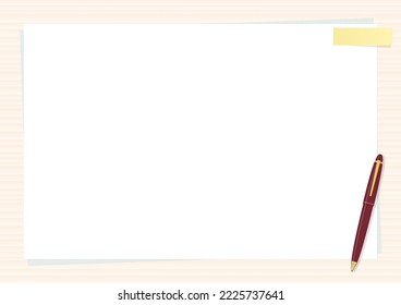 Background of overlapping paper, pen and sticky note (white wood grain)