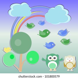 Background with owl, birds and trees
