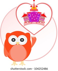 background with owl and cute castle in love heart. vector