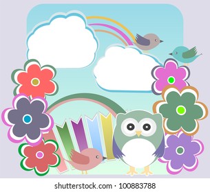 Background with owl, flowers birds and clouds