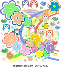 Background with owl, flowers and birds vector