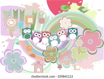 Background with owl, flowers and birds, vector illustration