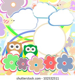 Background with owl, flowers and clouds