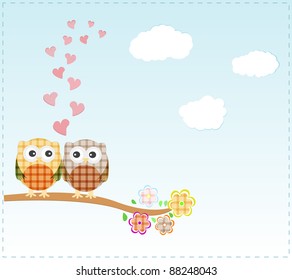 Background with owls in love sitting on branch. vector