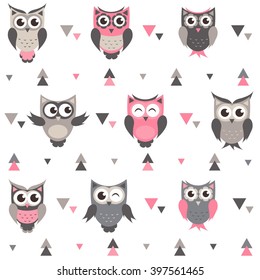 Background with owls, owlets and triangles