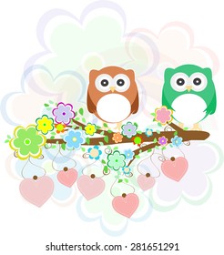 Background with owls, tree branches and flowers vector