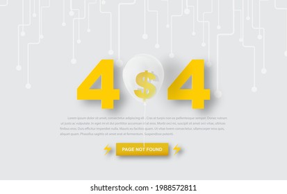 Background Page not found 404 design template. 404 error page dollar in balloon and paper cut concept. Link to empty non existent page. cosmos view circuit board technology. workers repairs website