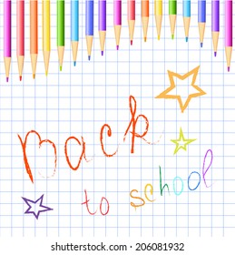 The background page of the notebook, crayons and the words "Back to school"