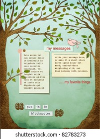 Background page, with text plates, framed by two strong healthy trees, with big trunks, leaves, and a bird