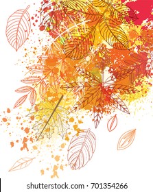 Background of paint splashes and autumnal leaves