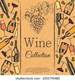 Background with painted bottles of wine, glasses, stoppers and a bunch of grapes. Retro style.