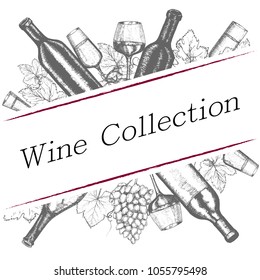 Background with painted bottles of wine, glasses, stoppers and a bunch of grapes. Retro style.