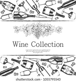 Background with painted bottles of wine, glasses, stoppers and a bunch of grapes. Retro style.